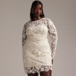 ASOS DESIGN Curve long sleeve embroidered mini wedding dress in cream